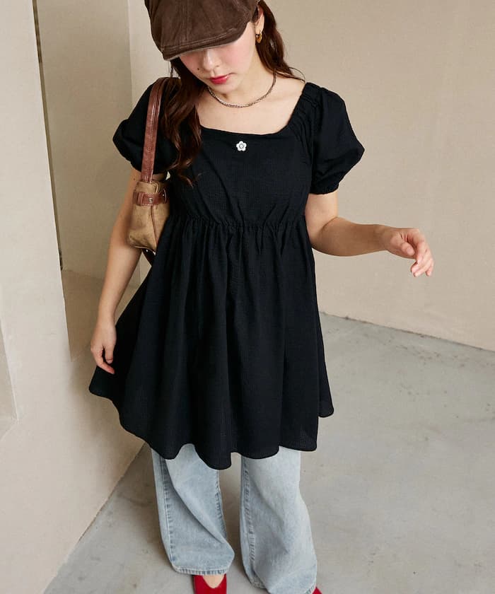 MARY QUANT 聯名限定 澎澎袖 背面抓皺 迷你連身裙【限定款】