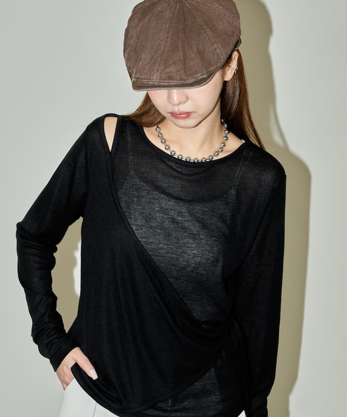 疊層交叉綁帶透膚長袖上衣 限定展開