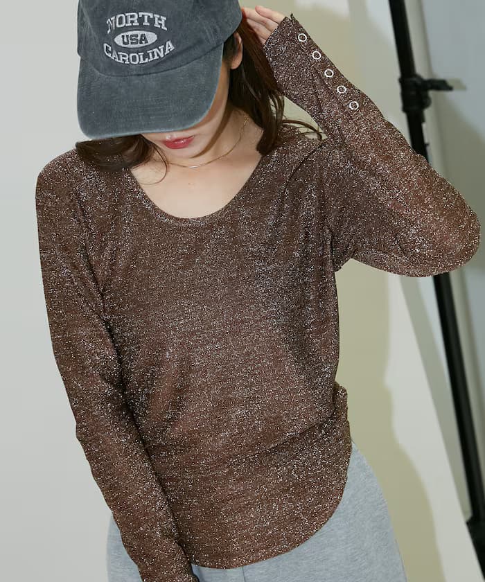 袖釦開き U領亮片上衣 限定展開