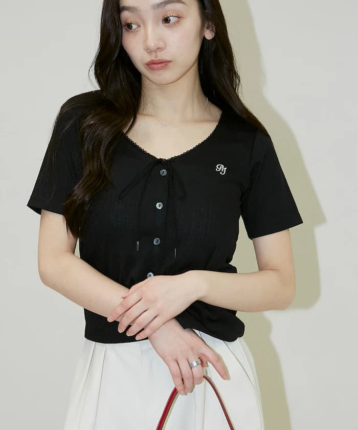 PEACH JOHN × PUBLUX 聯名限定 蝴蝶結細節 V領 肋條上衣【限定款】