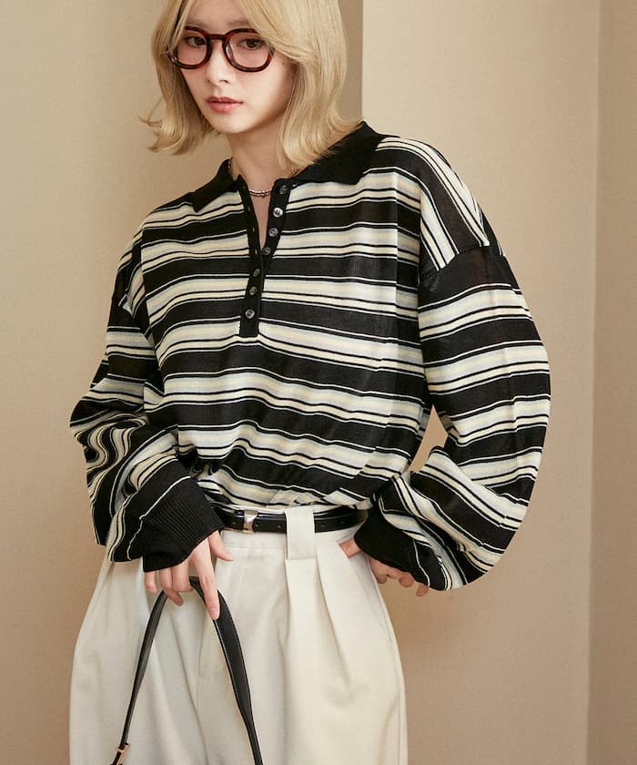 橫條紋透視ポロ針織衫 限定展開