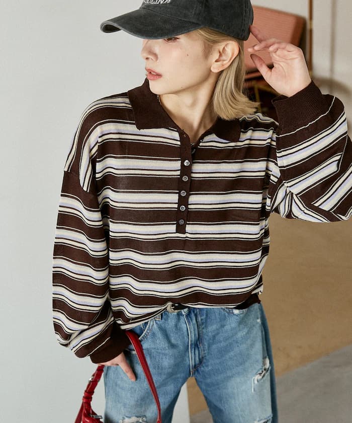 橫條紋透視ポロ針織衫 限定展開