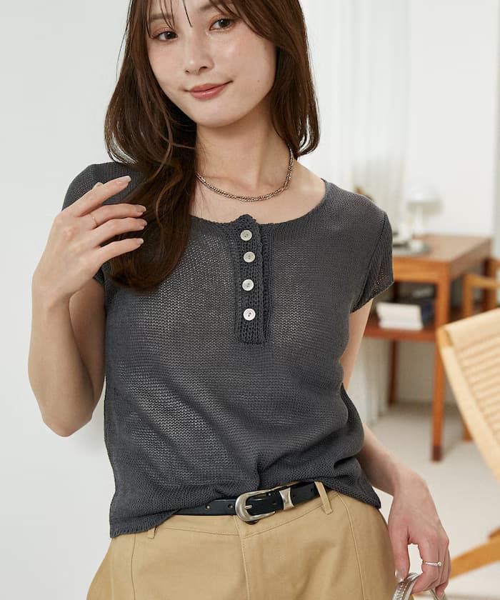 亞麻タッチ ヘンリーネック 針織衫 限定展開