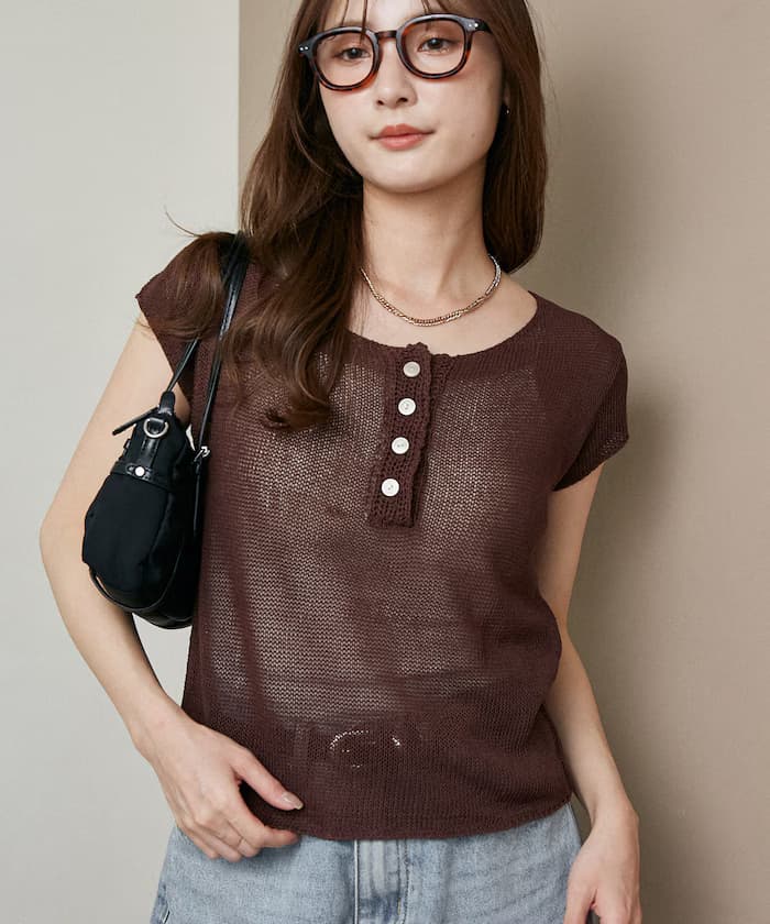 亞麻タッチ ヘンリーネック 針織衫 限定展開