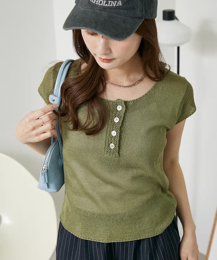 亞麻タッチ ヘンリーネック 針織衫 限定展開