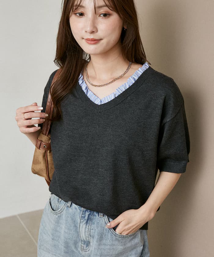 荷葉邊 Vネック 短袖 春夏針織衫 限定展開