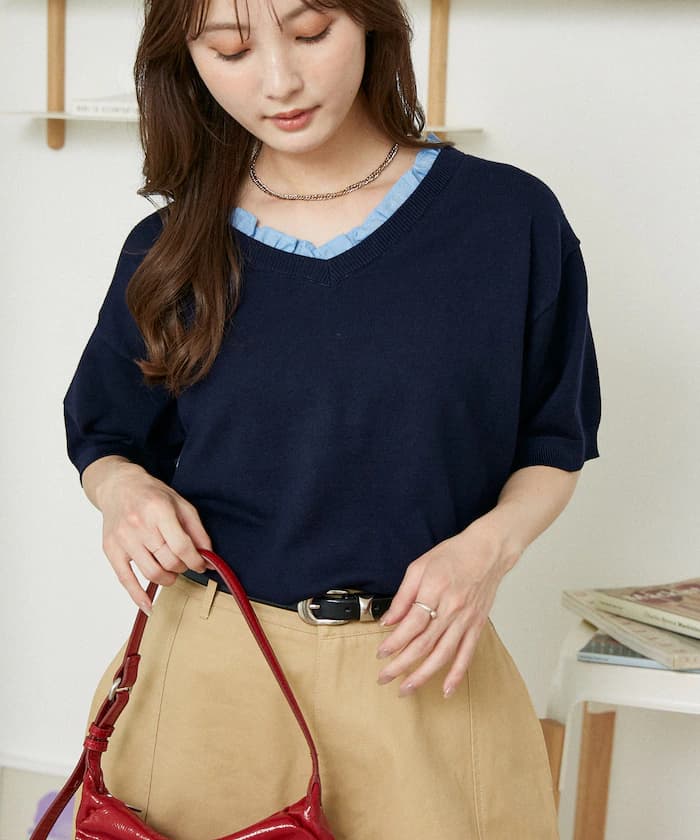 荷葉邊 Vネック 短袖 春夏針織衫 限定展開