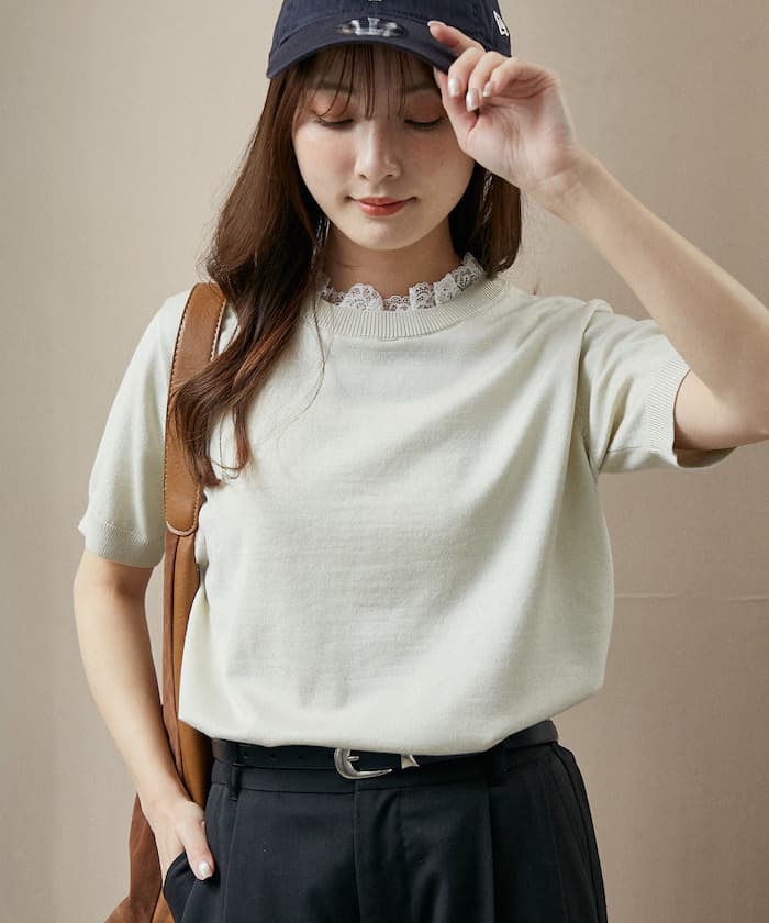 蕾絲拼接半袖針織衫上衣 限定展開