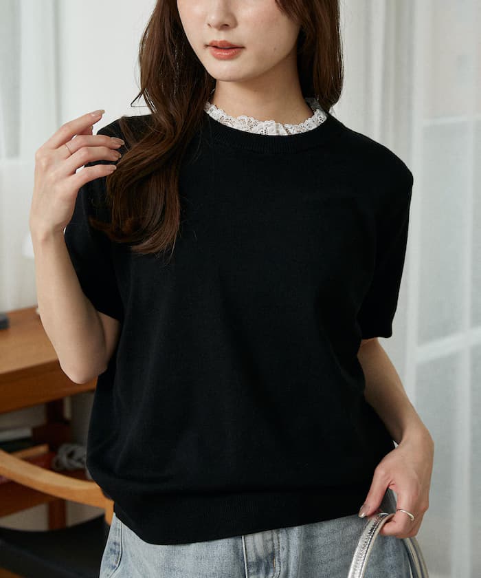 蕾絲拼接半袖針織衫上衣 限定展開