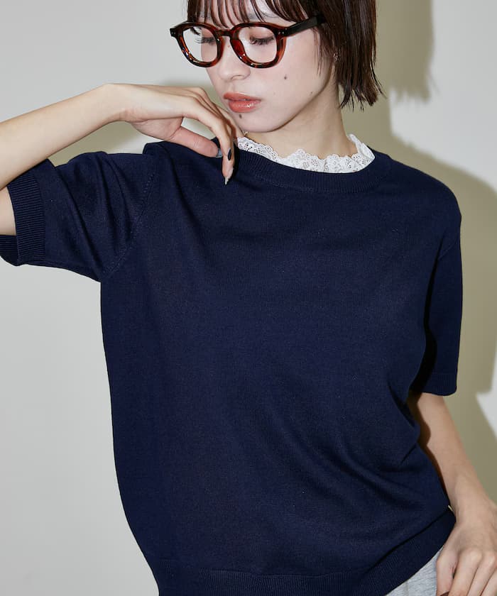 蕾絲拼接半袖針織衫上衣 限定展開