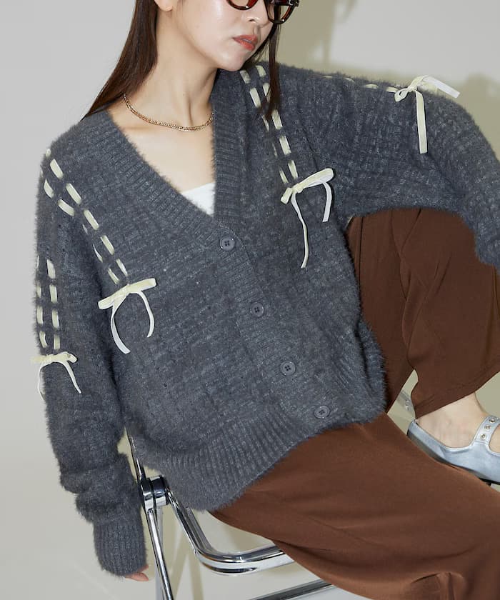 絲絨蝴蝶結編織羽毛針織開衫 限定展開