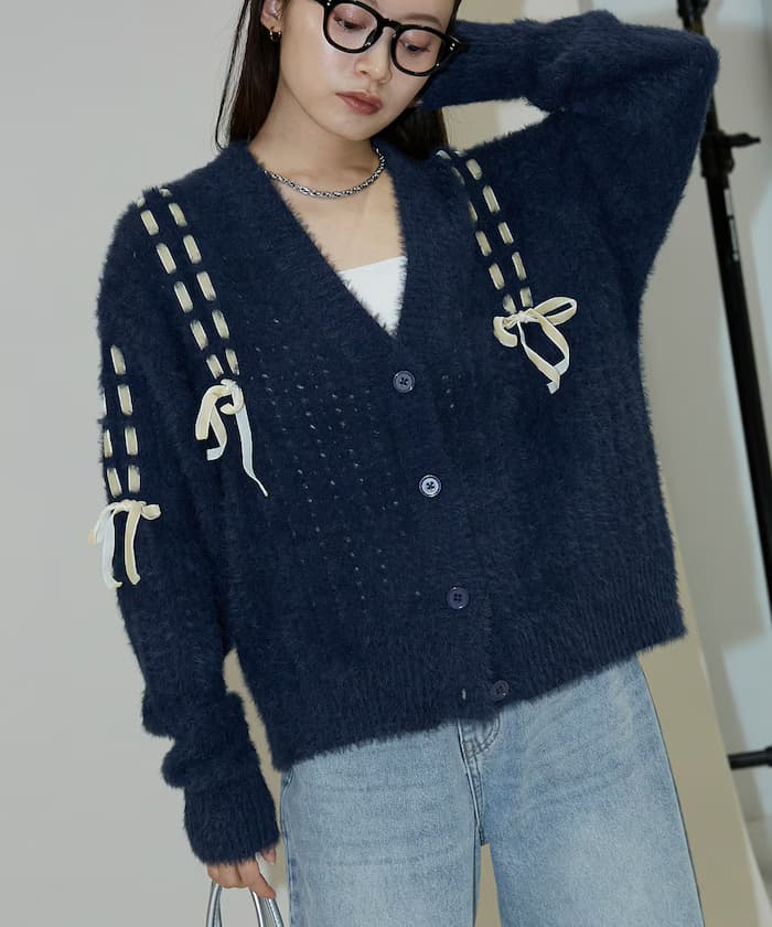 絲絨蝴蝶結編織羽毛針織開衫 限定展開