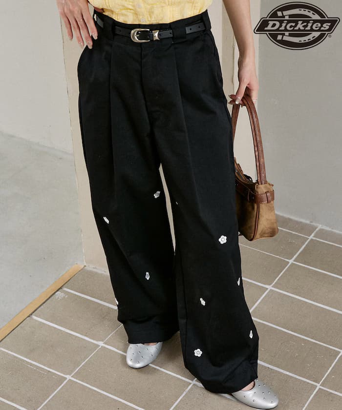 MARY QUANT × Dickies(R) 聯名限定 花卉刺繡 打褶 寬版褲【限定款】