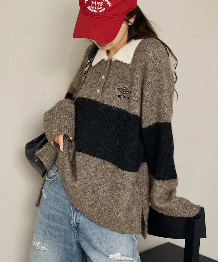 刺繡logo 寬版橄欖球針織衫ポロ 限定展開