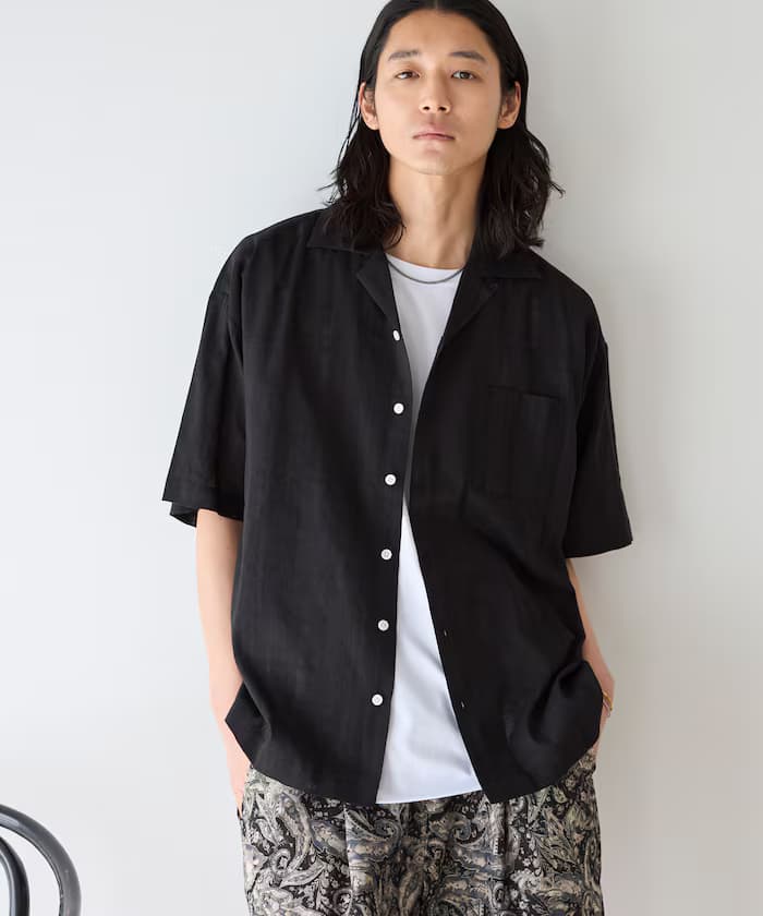 多比織短袖開領襯衫 / 寬版