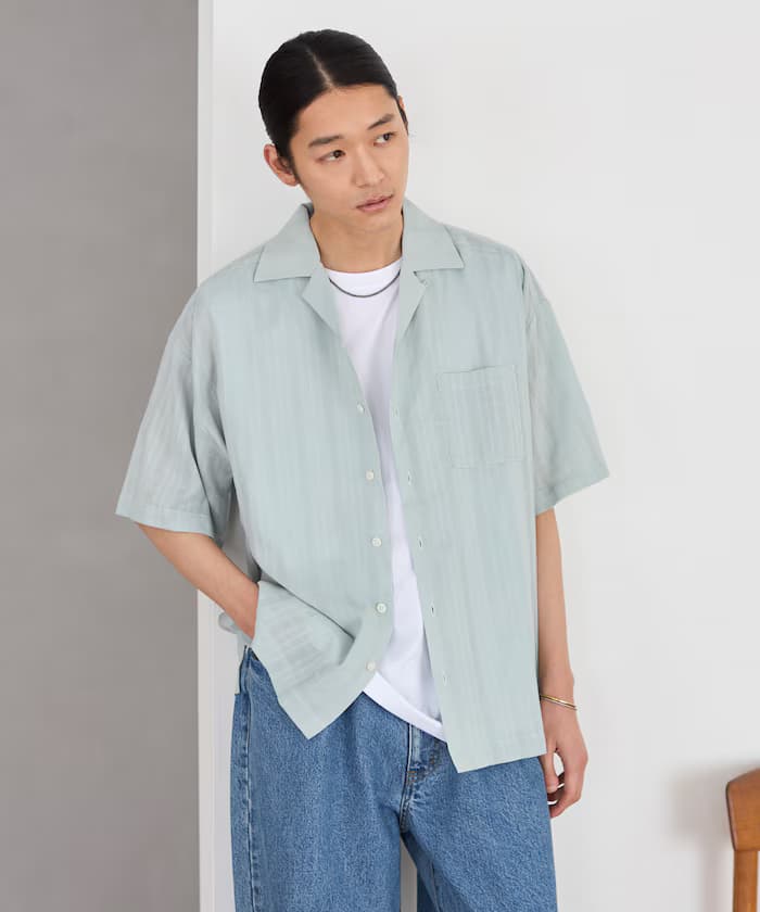 多比織短袖開領襯衫 / 寬版