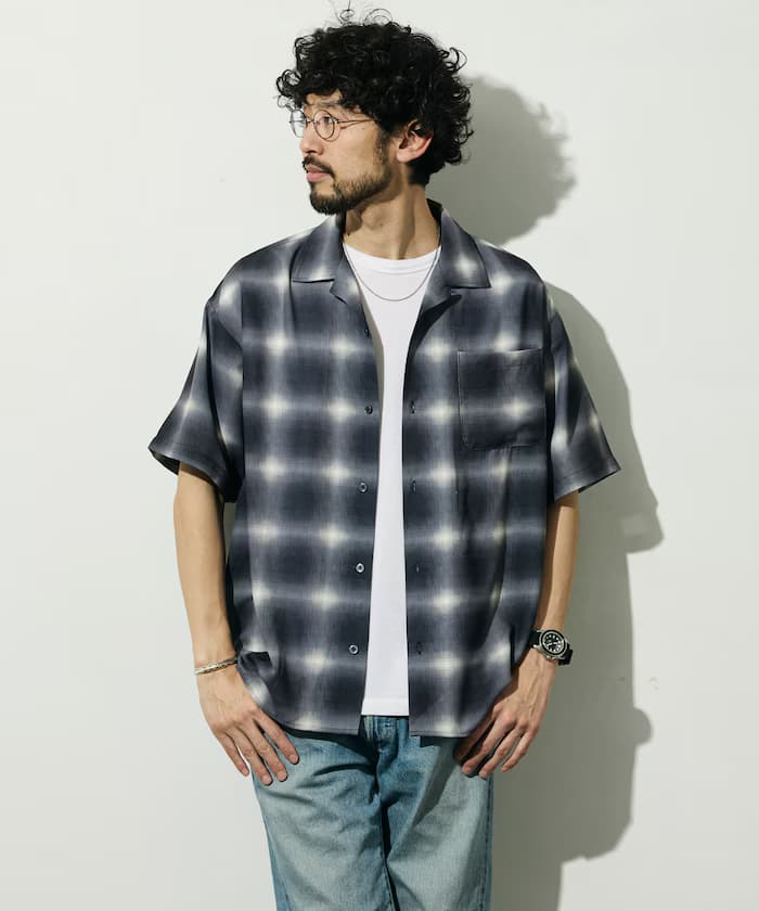 網眼總圖案開襟短袖襯衫 寬版