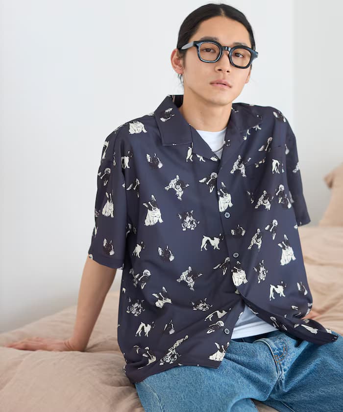 網眼總圖案開襟短袖襯衫 寬版