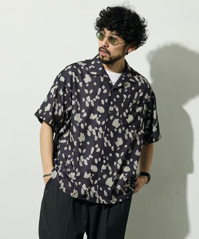 網眼總圖案開襟短袖襯衫 寬版