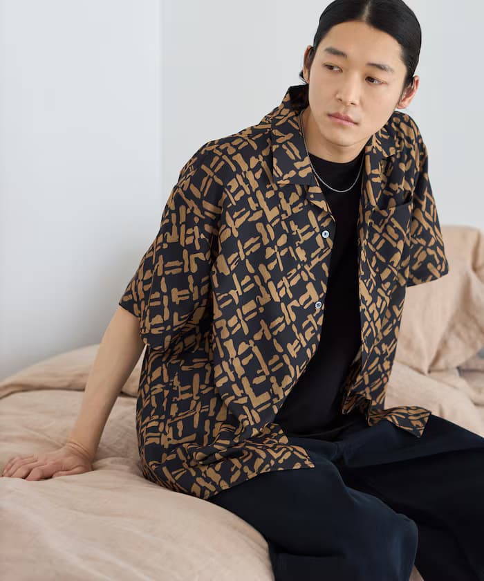 網眼總圖案開襟短袖襯衫 寬版