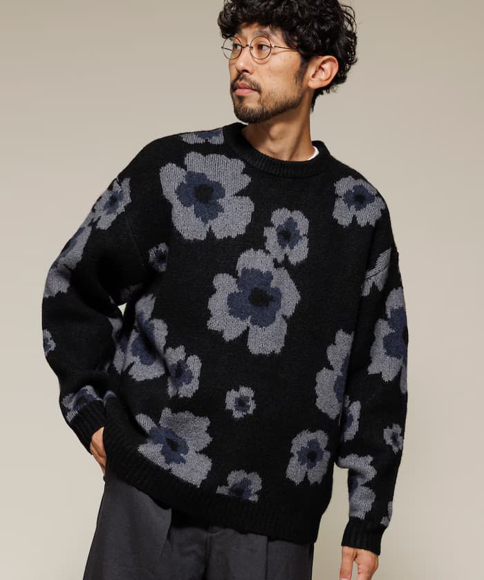 總圖案雙重提花針織衫 圓領套頭衫 / 寬鬆版型