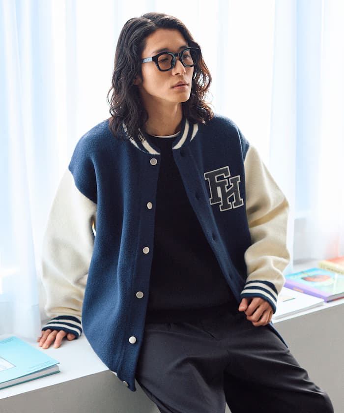 寬版LOGO針織棒球外套