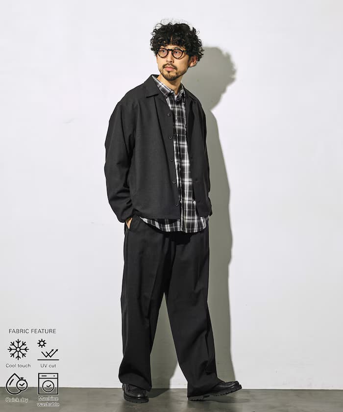機能性素材 寬鬆版型 CPO襯衫 ＆ 寬版鬆緊褲子 套裝 / 可水洗 / UVカット / 速乾性 / 接觸冷感