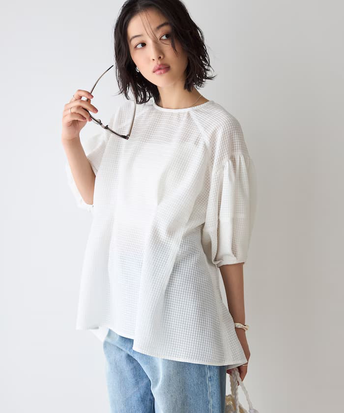 【3月11日12:00發售】透視格紋泡泡袖罩衫 / 五分袖/ 喇叭版型