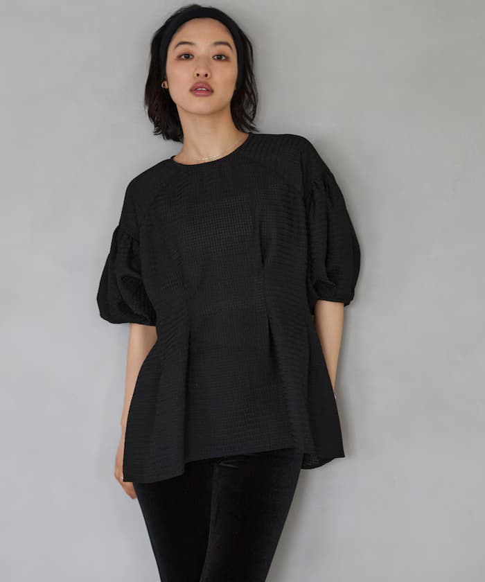 【3月11日12:00發售】透視格紋泡泡袖罩衫 / 五分袖/ 喇叭版型