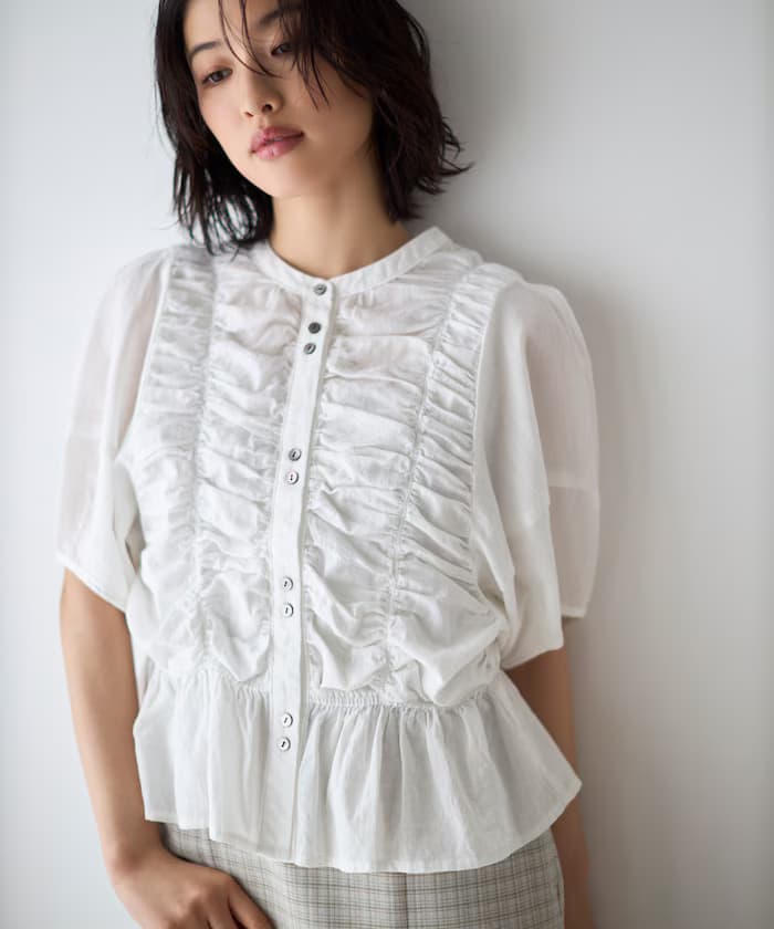 薄紗褶皺蓬袖罩衫 五分袖