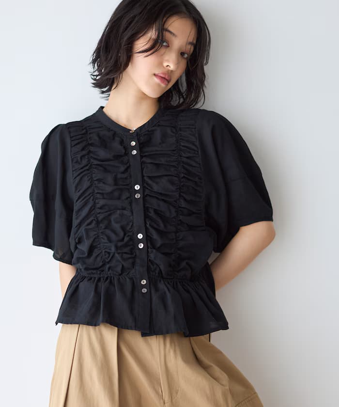 薄紗褶皺蓬袖罩衫 五分袖