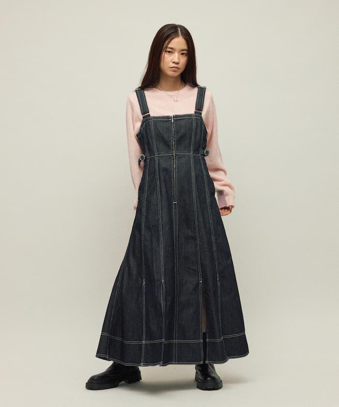 丹寧魚尾連身裙 / A字線開衩吊帶丹寧連身裙 / 吊帶裙