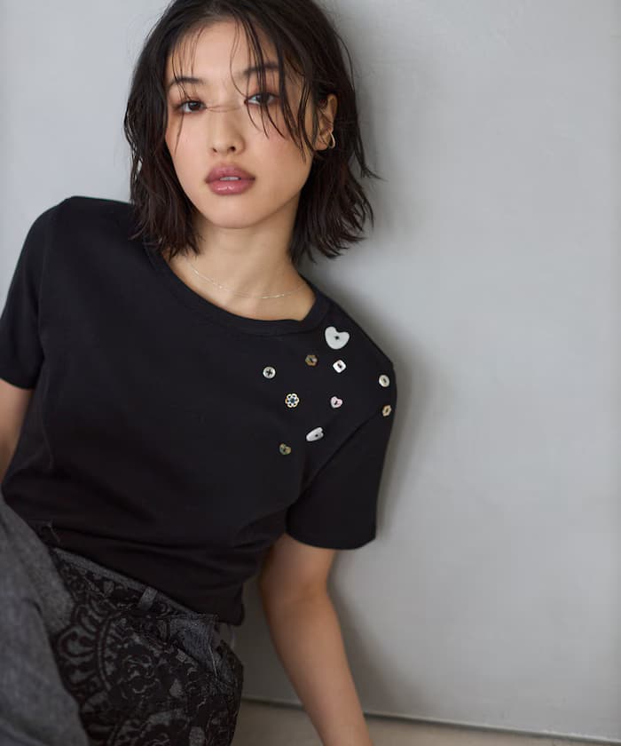 多鈕扣棉質莫代爾半袖T恤