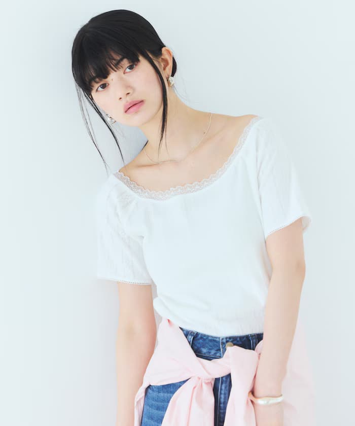 船領 透孔針織 蕾絲短袖上衣