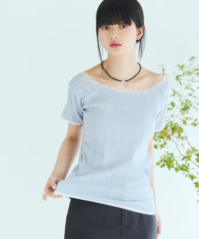 船領 透孔針織 蕾絲短袖上衣