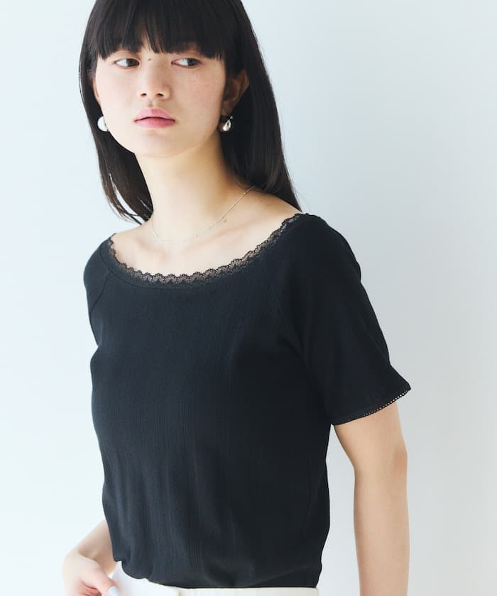 船領 透孔針織 蕾絲短袖上衣