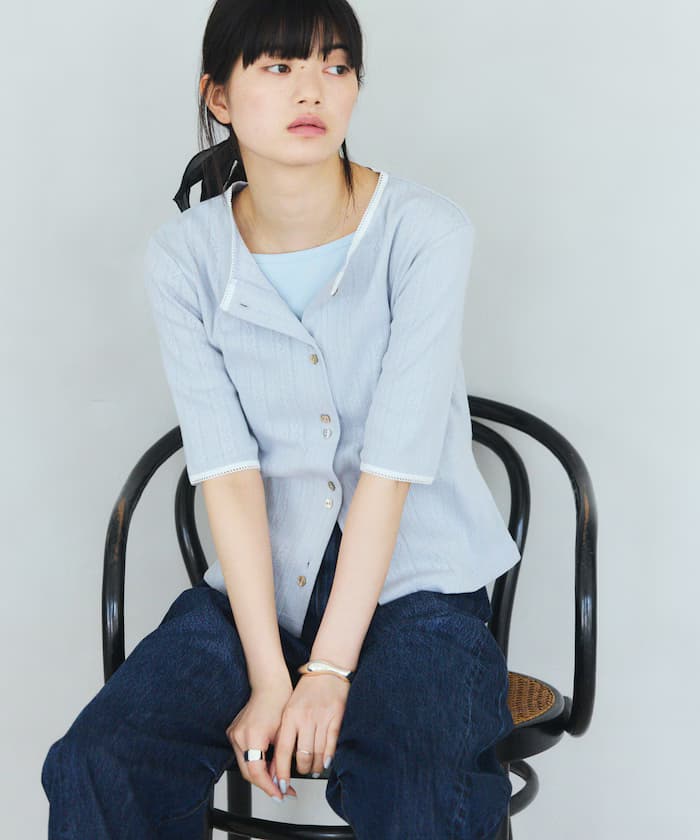 針織拼搭 拼花鈕扣 短袖開衫