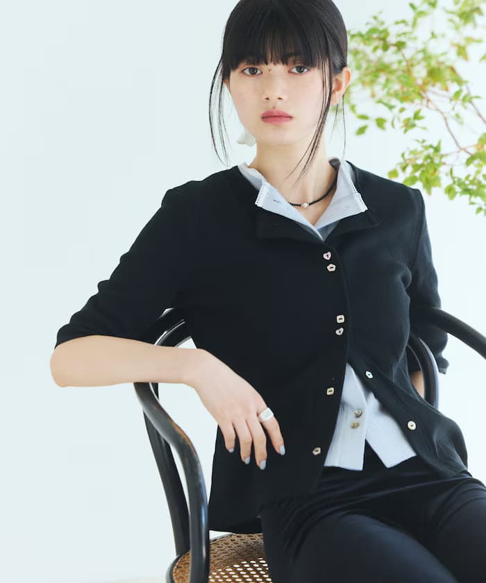 針織拼搭 拼花鈕扣 短袖開衫