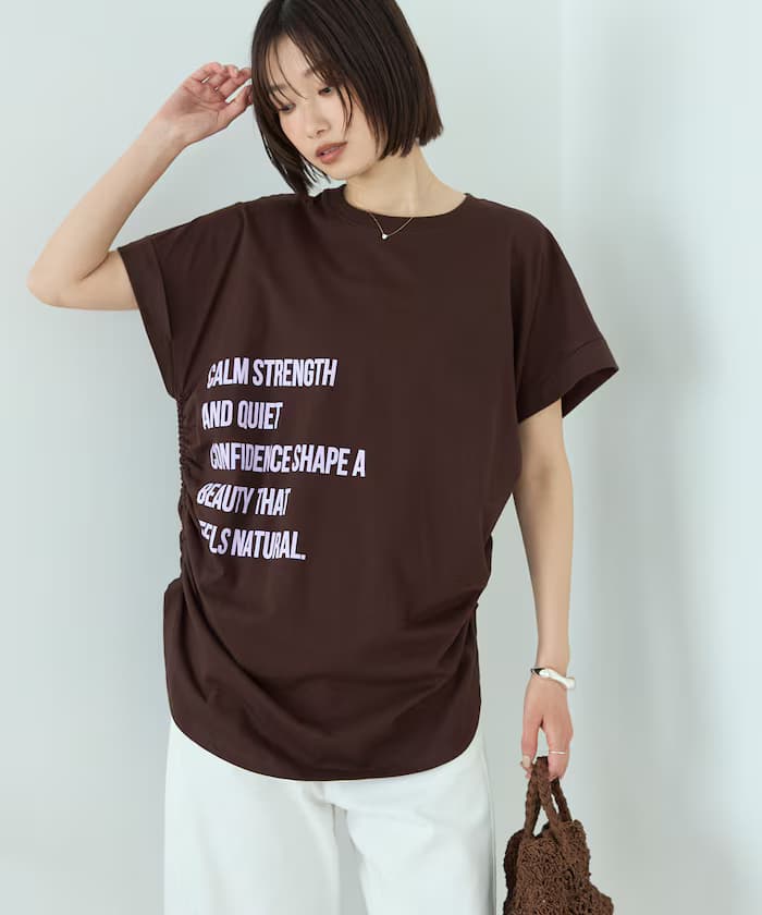 有機棉 配色LOGO 側邊抓皺 短袖T恤