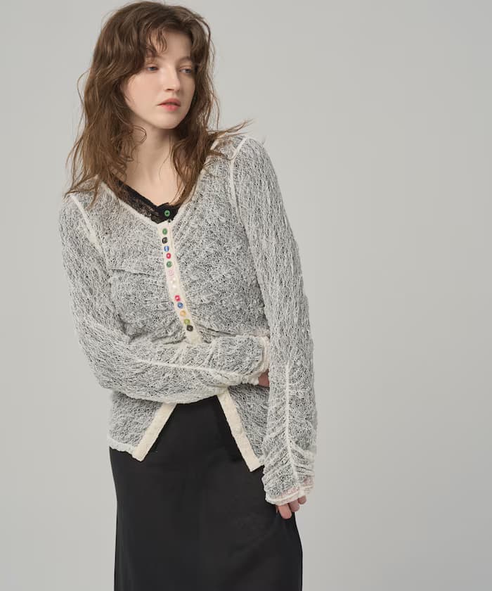 多鈕扣蕾絲戒指針織開衫