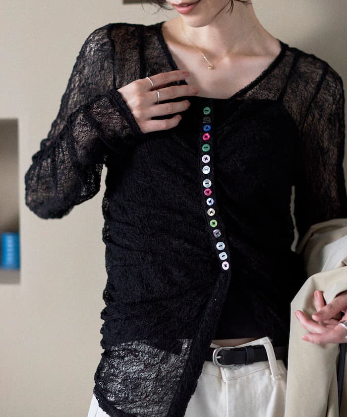 多鈕扣蕾絲戒指針織開衫
