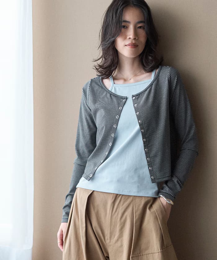分層套裝上衣／橫條紋針織開衫＆細肩帶背心
