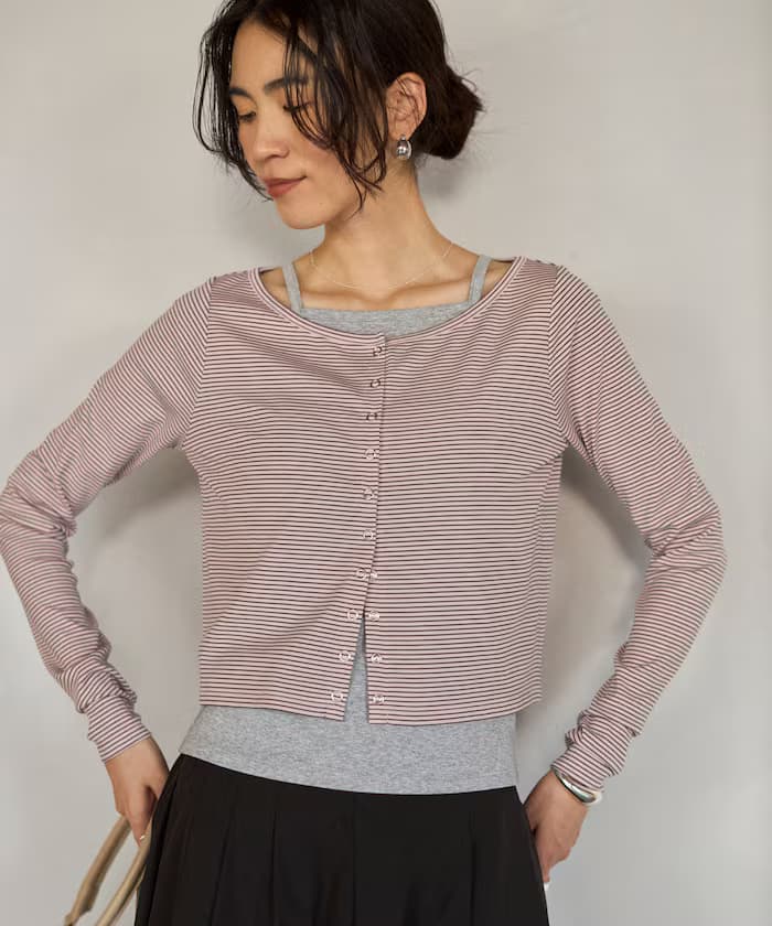 分層套裝上衣／橫條紋針織開衫＆細肩帶背心