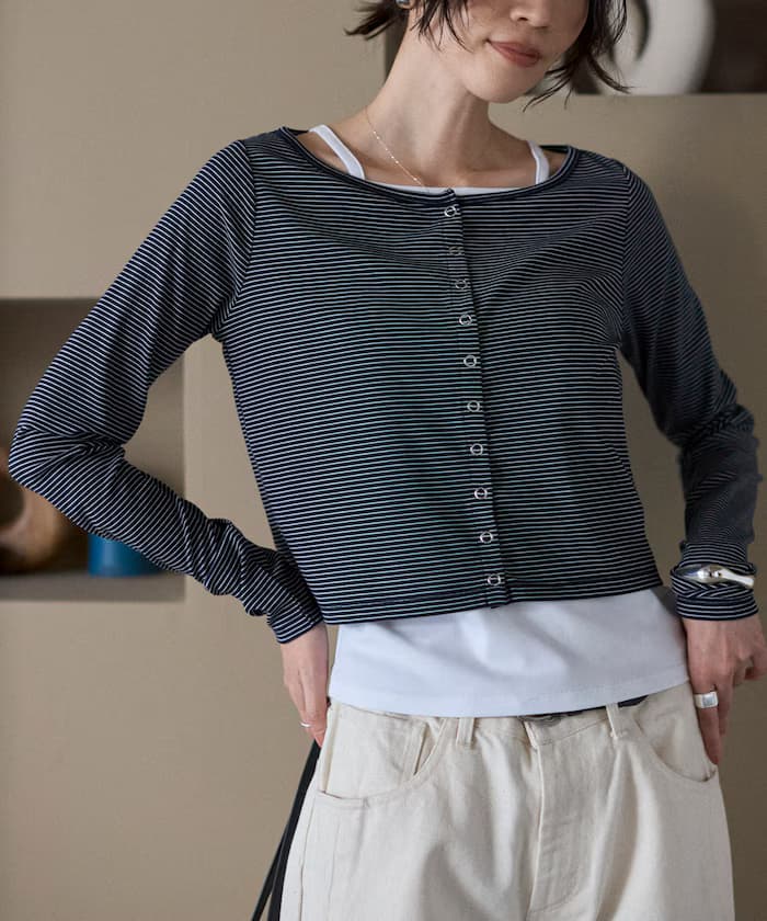 分層套裝上衣／橫條紋針織開衫＆細肩帶背心