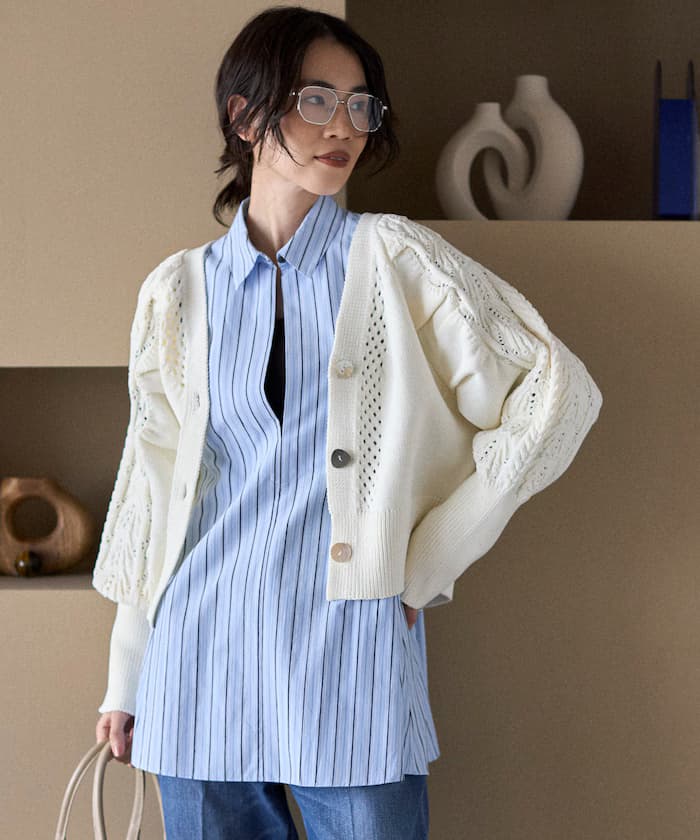 變化釦 蓬袖 麻花 針織開衫