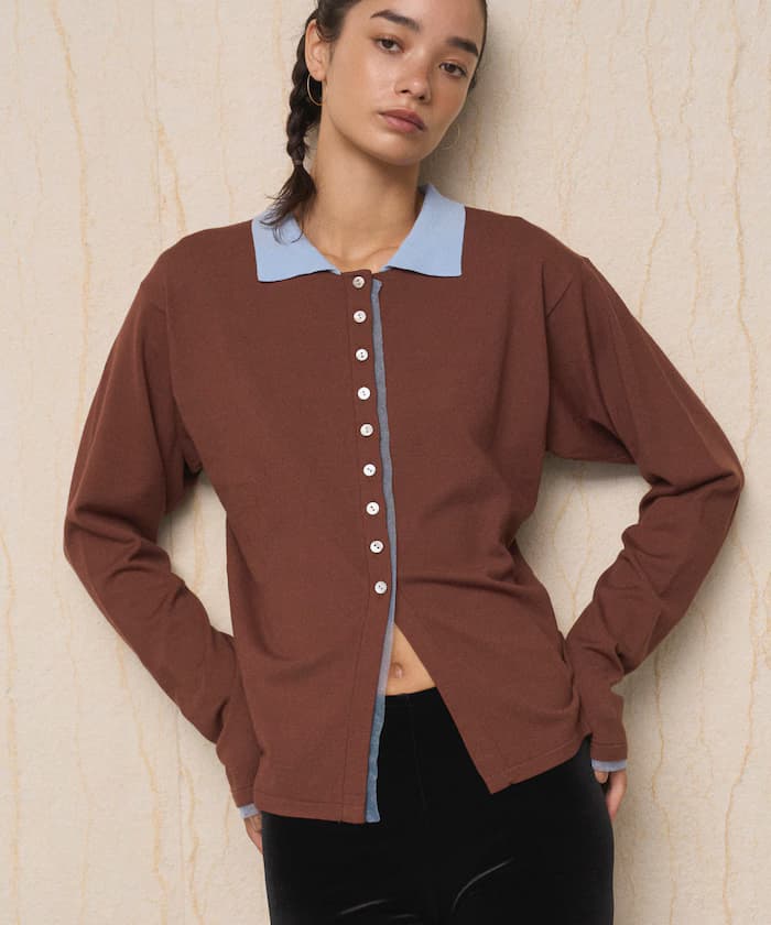 配色拼接假層次長袖POLO針織開衫