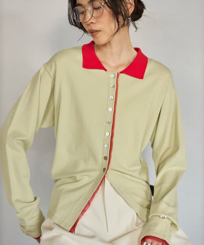 配色拼接假層次長袖POLO針織開衫