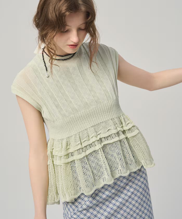 【3月11日12:00發售】日本製 全成型無縫紙質混紡荷葉邊上衣