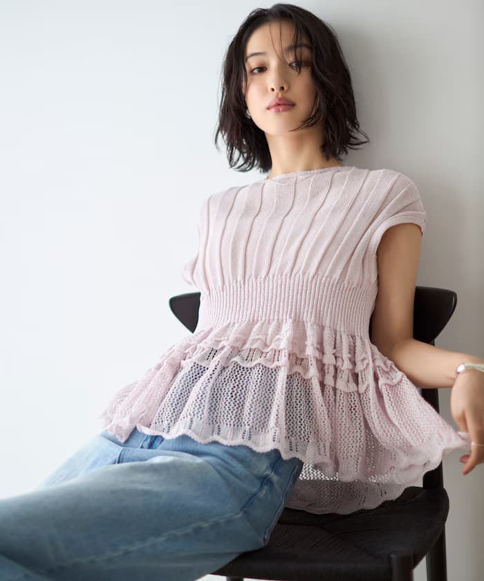 【3月11日12:00發售】日本製 全成型無縫紙質混紡荷葉邊上衣