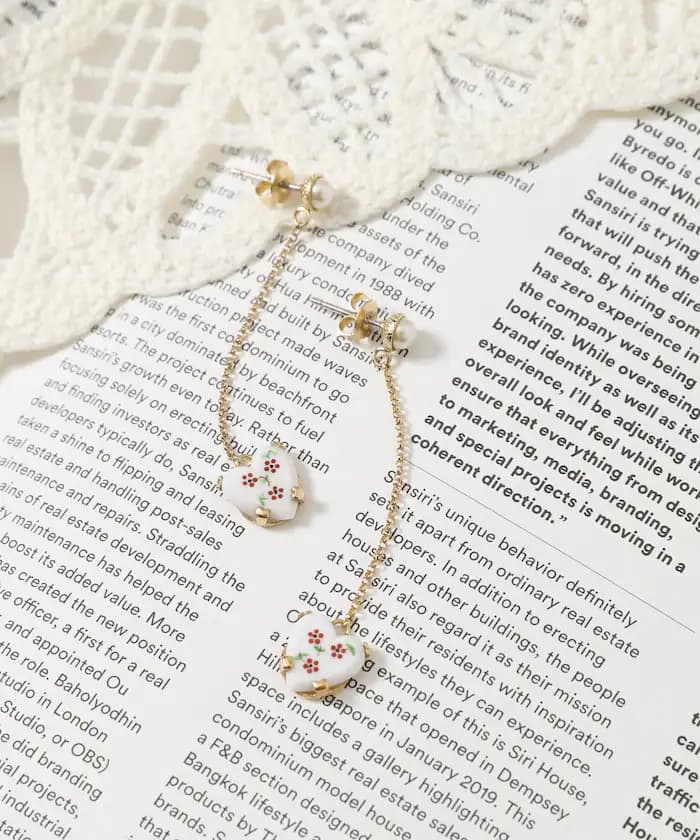 復古陶瓷愛心鍊式耳環